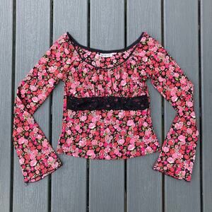 Pink floral babydoll mesh shirt with lace trim, fairycore Y2K boho chic